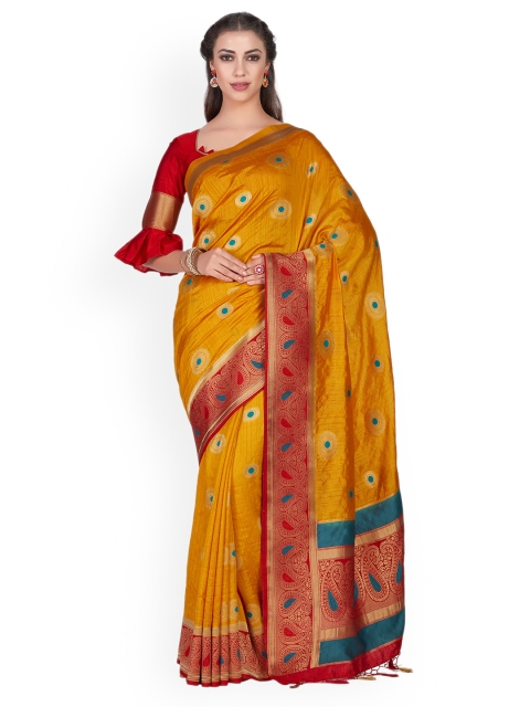 

MIMOSA Mustard Yellow & Red Woven Design Kanjeevaram Saree