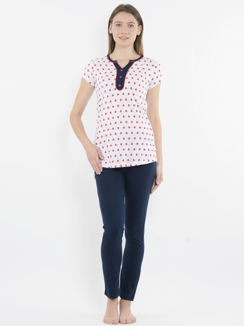 

Sweet Dreams Women Grey Melange & Navy Blue Polka Printed Night Suit