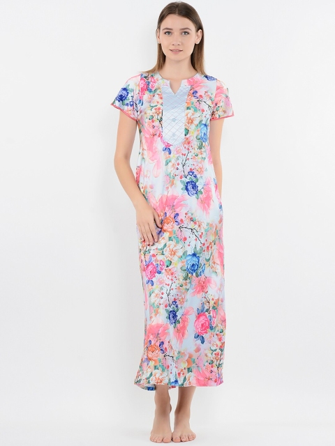 

Sweet Dreams Women White & Pink Floral Print Satin Finish Nightdress