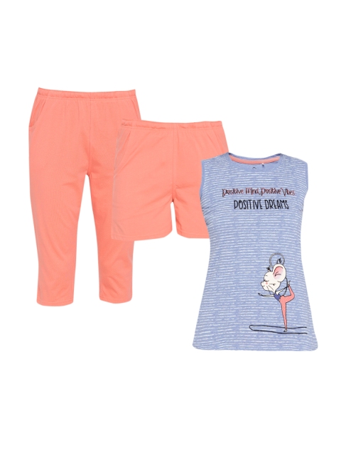 

Sweet Dreams Women Blue & Coral Pink Striped Night Suit 214618