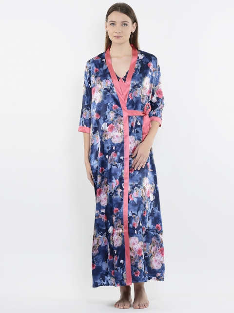 

Sweet Dreams Coral Pink Solid Nightdress with Printed Robe