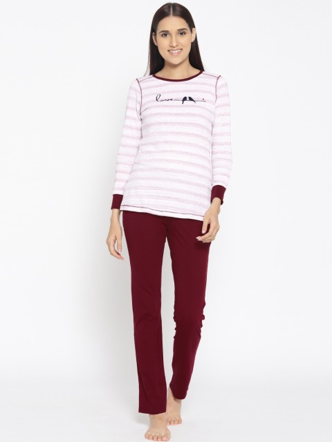 

Sweet Dreams Women White & Burgundy Striped Night Suit 223078