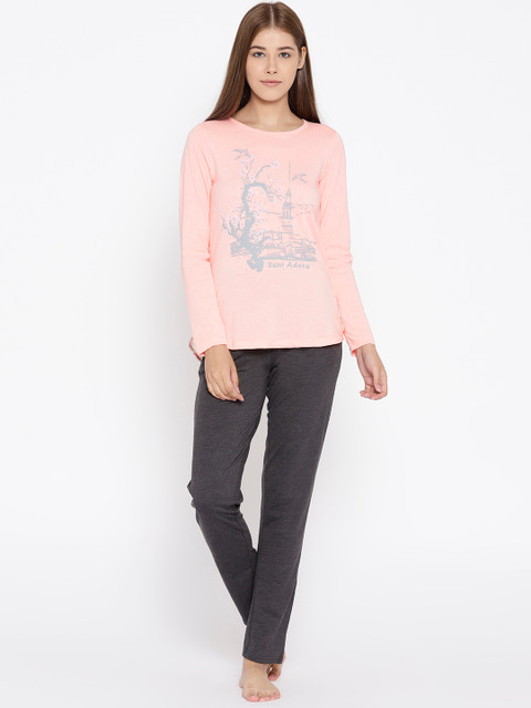 

Sweet Dreams Women Pink & Charcoal Grey Printed Night suit with Stylised Back