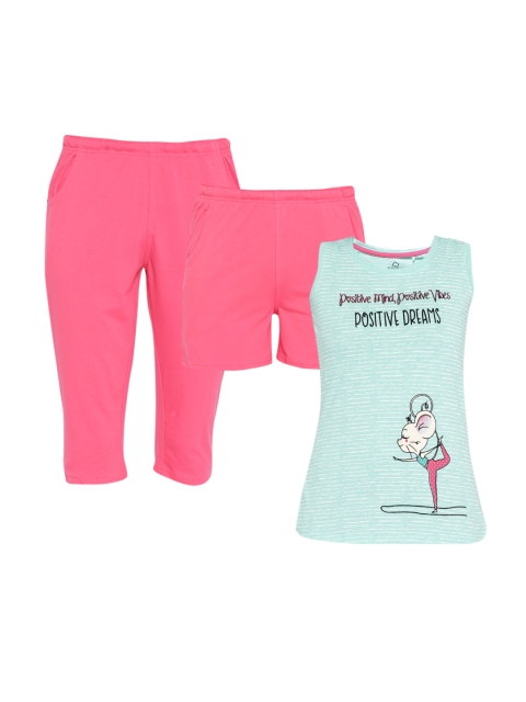 

Sweet Dreams Women Sea Green & Pink Striped Night Suit 214618