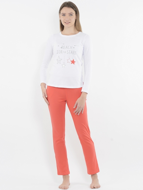 

Sweet Dreams Women White & Coral Orange Printed Night suit