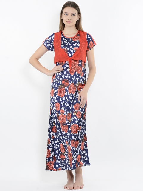

Sweet Dreams Navy Blue & Orange Floral Print Maxi Nightdress