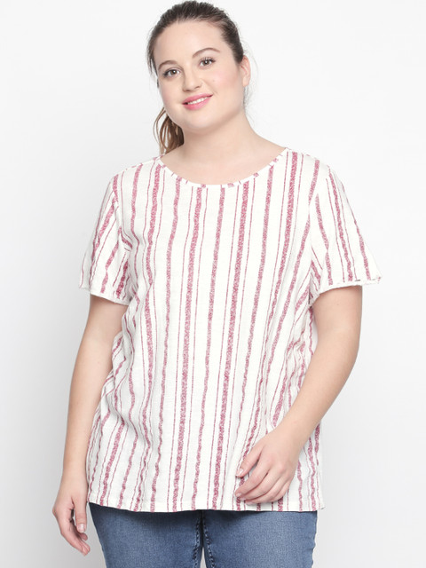

JUNAROSE Plus Size Women White Burgundy Striped Top