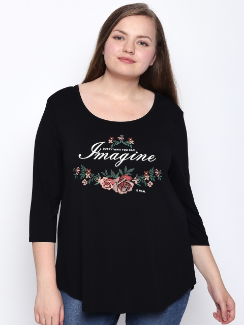 

JUNAROSE Plus Size Women Black Self Design Scoop Neck T-shirt