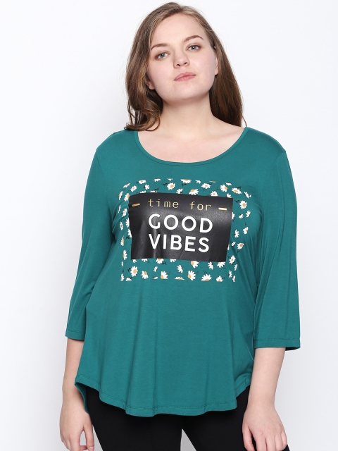 

JUNAROSE Plus Size Women Green Printed Boat Neck T-shirt