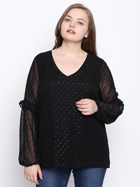 

JUNAROSE Plus Size Women Black Self Design Semi Sheer Georgette Top
