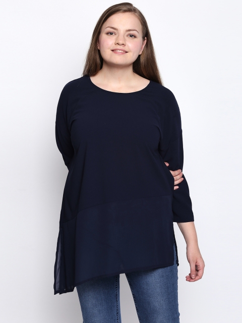 

JUNAROSE Plus Size Women Navy Blue Solid Semi Sheer Longline Georgette Top