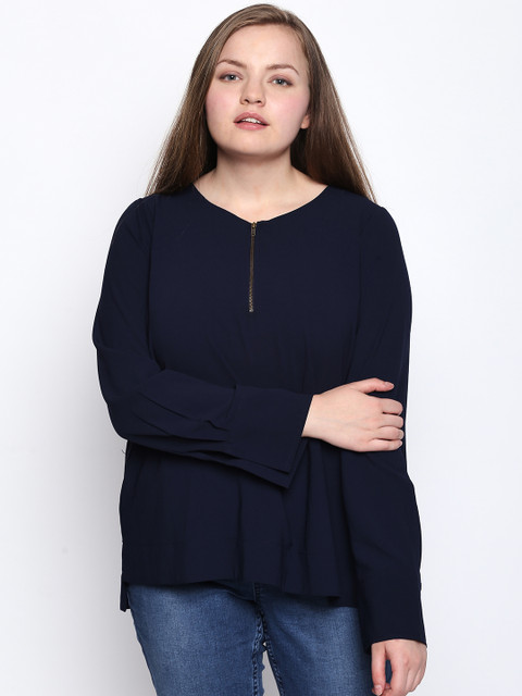 

JUNAROSE Plus Size Women Navy Blue Solid Georgette Top