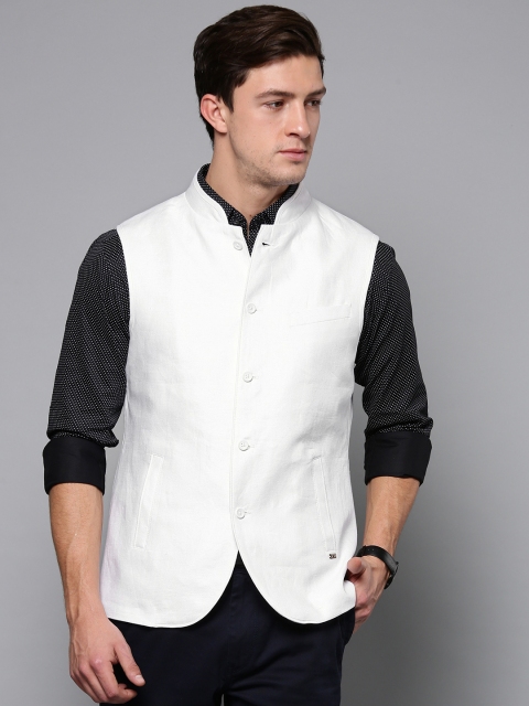 

Blackberrys Men White Solid Linen Slim Fit Nehru Jacket