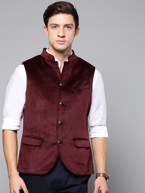

Blackberrys Men Burgundy Velvet Finish Solid Slim Fit Nehru Jacket