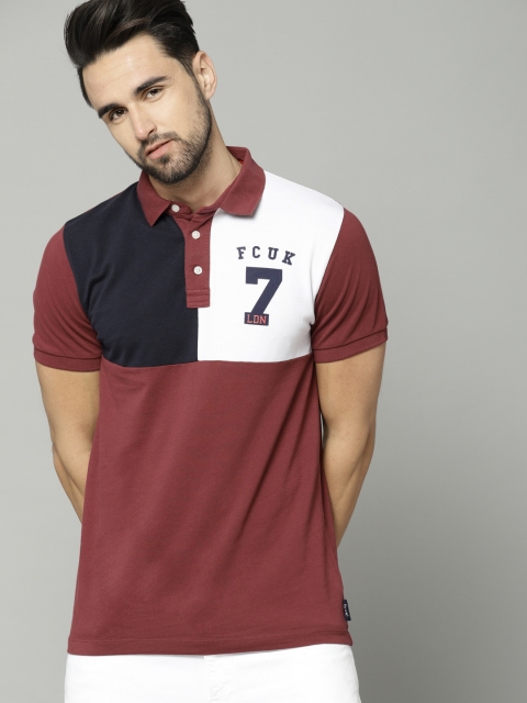 

French Connection Men Burgundy Colourblocked Polo Collar Pure Cotton T-shirt