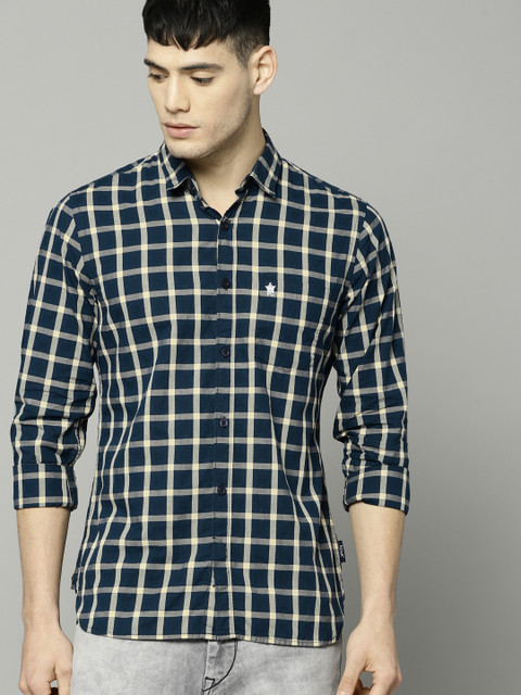 

French Connection Men Navy & Cream-Coloured Regular Fit Checked Casual Shirt, Navy blue