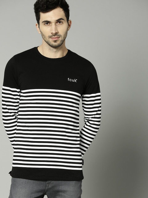 

French Connection Men Black & White Striped Round Neck T-shirt