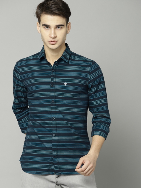 

French Connection Men Navy Blue Regular Fit Striped Casual Shirt