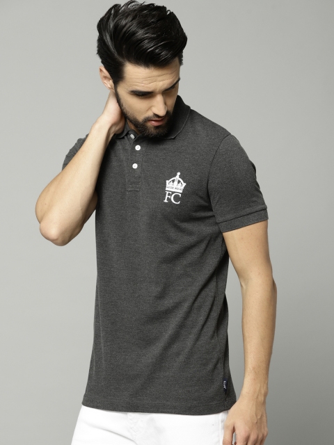 

French Connection Men Charcoal Grey Solid Polo Collar T-shirt
