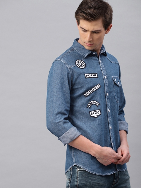 

French Connection Men Blue Regular Fit Solid Denim Casual Shirt