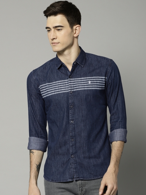 

French Connection Men Navy Blue Regular Fit Striped Casual Denim Shirt