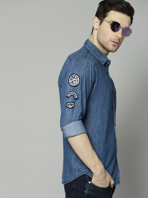 

French Connection Men Blue Regular Fit Solid Chambray Casual Shirt