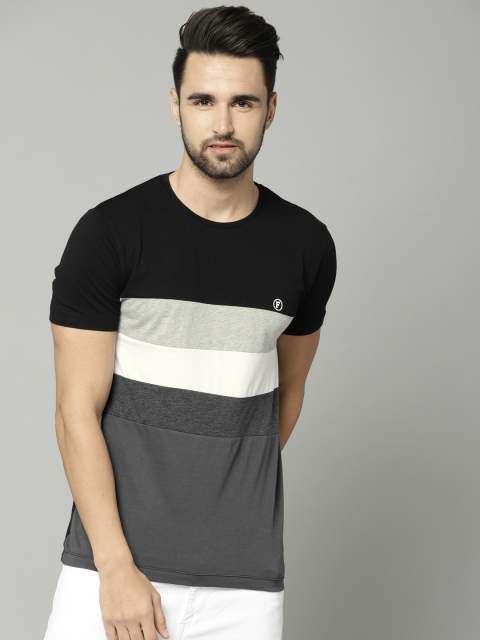 

French Connection Men Black Grey Colourblocked Round Neck Pure Cotton T-shirt