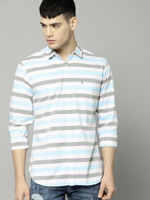 

French Connection Men White & Blue Regular Fit Striped Casual Shirt