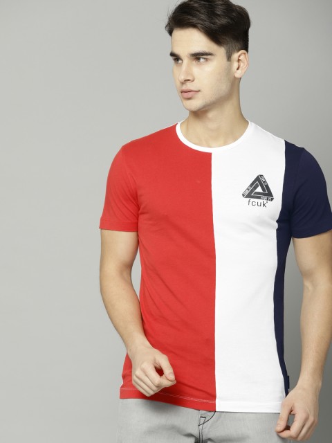 

French Connection Men Red & White Colourblocked Round Neck T-shirt