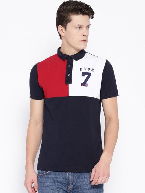 

French Connection Men Navy Blue & Red Colourblocked Polo Collar T-shirt