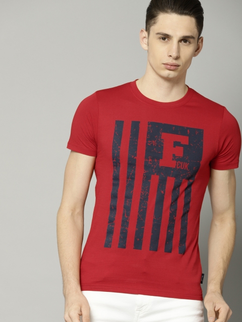 

French Connection Men Red & Navy Printed Round Neck T-shirt