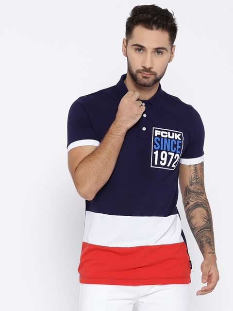 

French Connection Men Navy Blue & White Colourblocked Polo Collar T-shirt