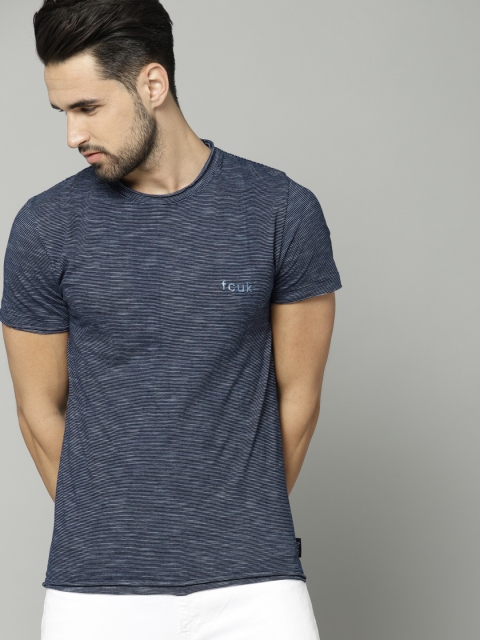 

French Connection Men Navy Blue Striped Round Neck Pure Cotton T-shirt