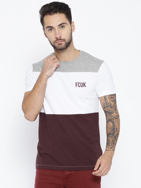 

French Connection Men Maroon & White Colourblocked Round Neck T-shirt