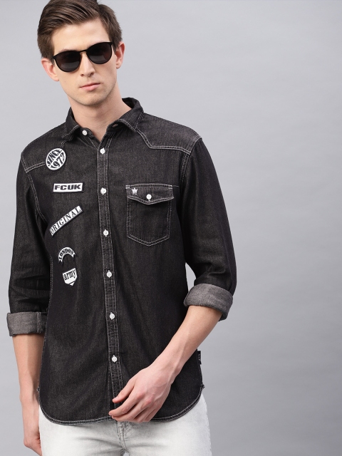 

French Connection Men Black Regular Fit Solid Casual Denim Shirt