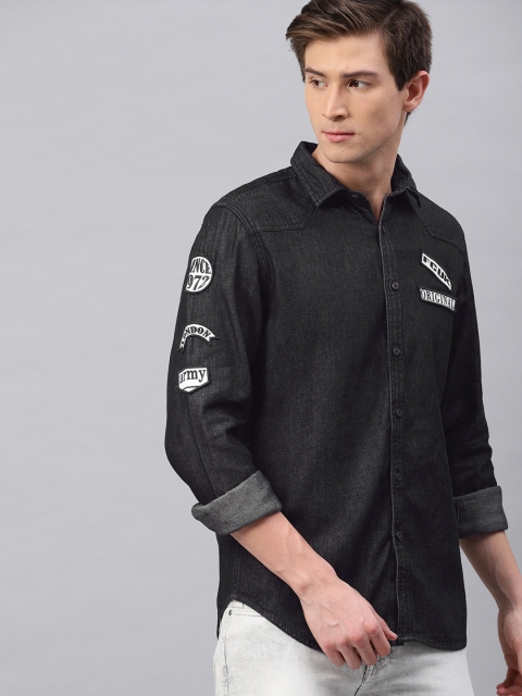 

French Connection Men Black Regular Fit Solid Denim Casual Shirt