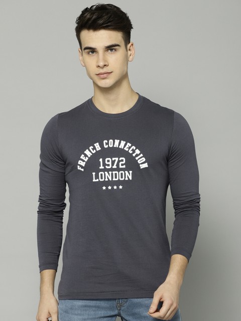 

French Connection Men Charcoal Grey Printed Round Neck T-shirt