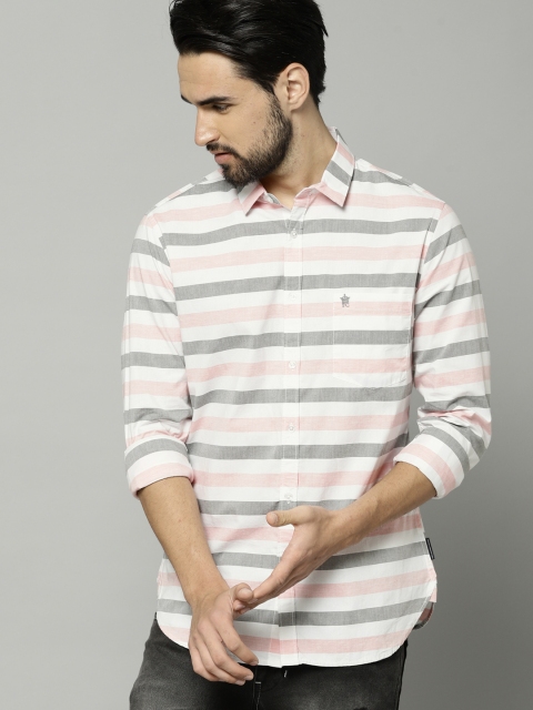 

French Connection Men White & Grey Regular Fit Striped Casual Shirt