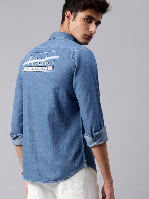 

French Connection Men Blue Back Printed Denim Shirt