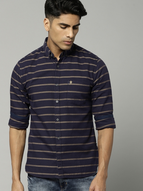 

French Connection Men Navy & Mustard Brown Slim Fit Striped Casual Shirt, Navy blue