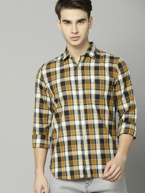 

French Connection Men Rust Brown & Navy Blue Regular Fit Checked Casual Shirt