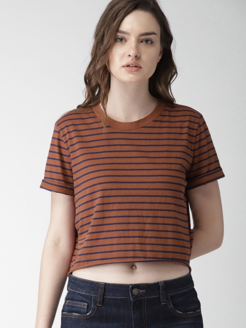 

FOREVER 21 Women Rust Orange & Navy Blue Striped Round Neck Cropped T-shirt