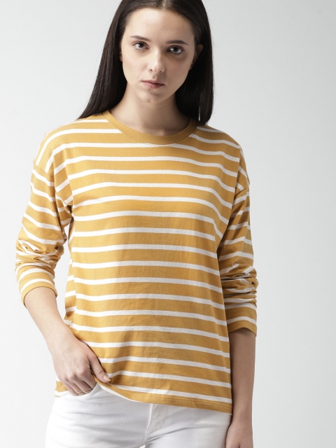 

FOREVER 21 Women Mustard Striped Round Neck T-shirt