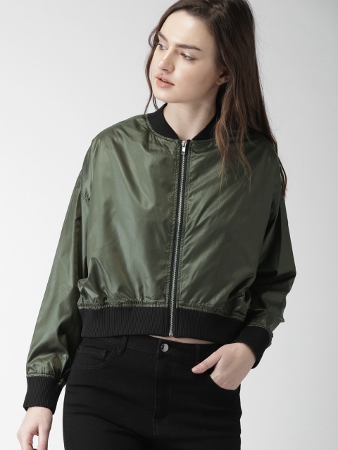 

FOREVER 21 Women Olive Green Solid Cropped Bomber Jacket