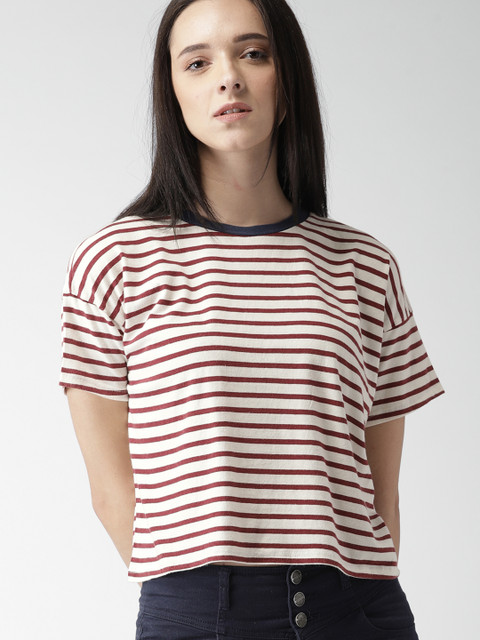 

FOREVER 21 Women Cream-Coloured & Burgundy Striped Top