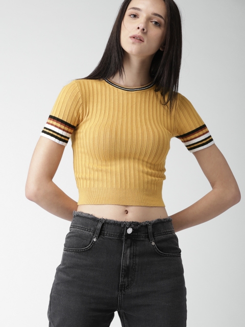 

FOREVER 21 Women Mustard Yellow Self-Design Pullover