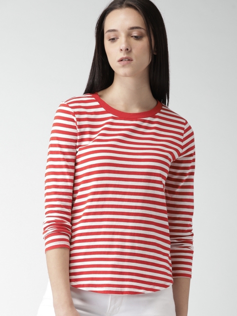 

FOREVER 21 Women Red Striped Round Neck Pure Cotton T-shirt