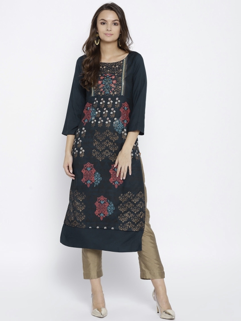 

Span Women Teal Blue & Golden Printed Straight Kurta