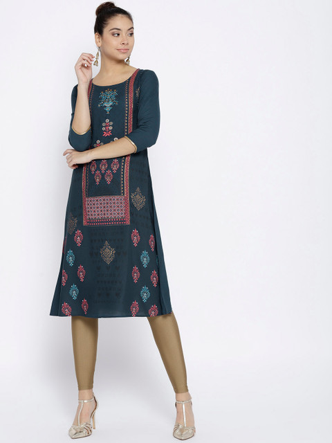 

Span Women Teal Blue & Coral Pink Printed A-Line Kurta