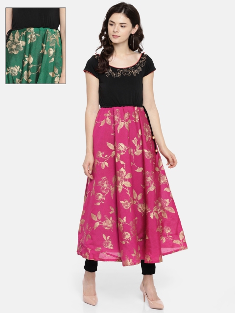 

Ira Soleil Pink & Green Floral Print Reversible A-Line Kurta